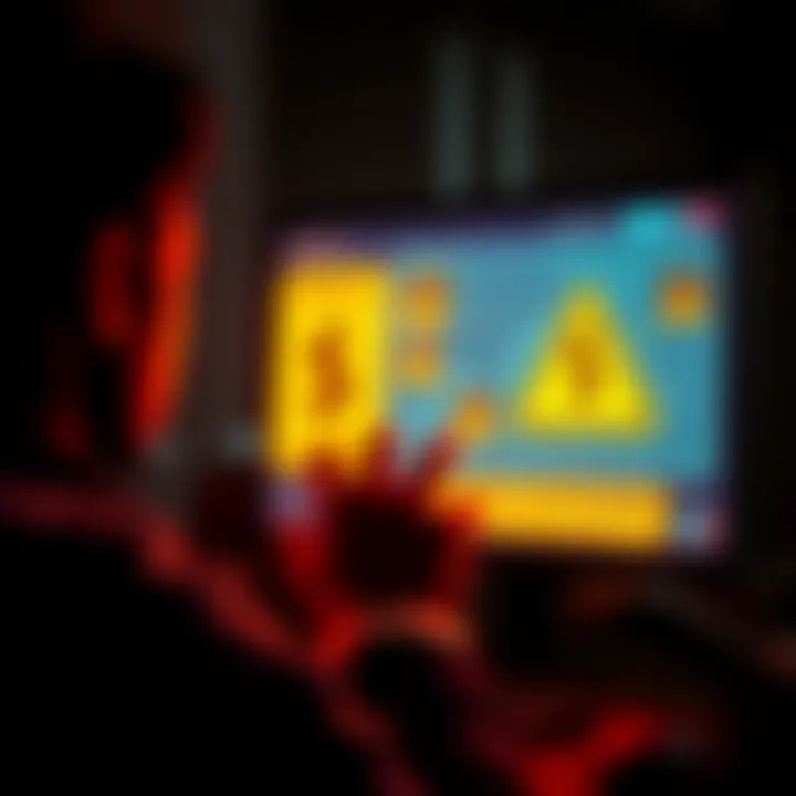 A graphic showing a person looking at a computer screen with dollar signs and warning signs, representing crypto scams like rug pulls and fake influencers.