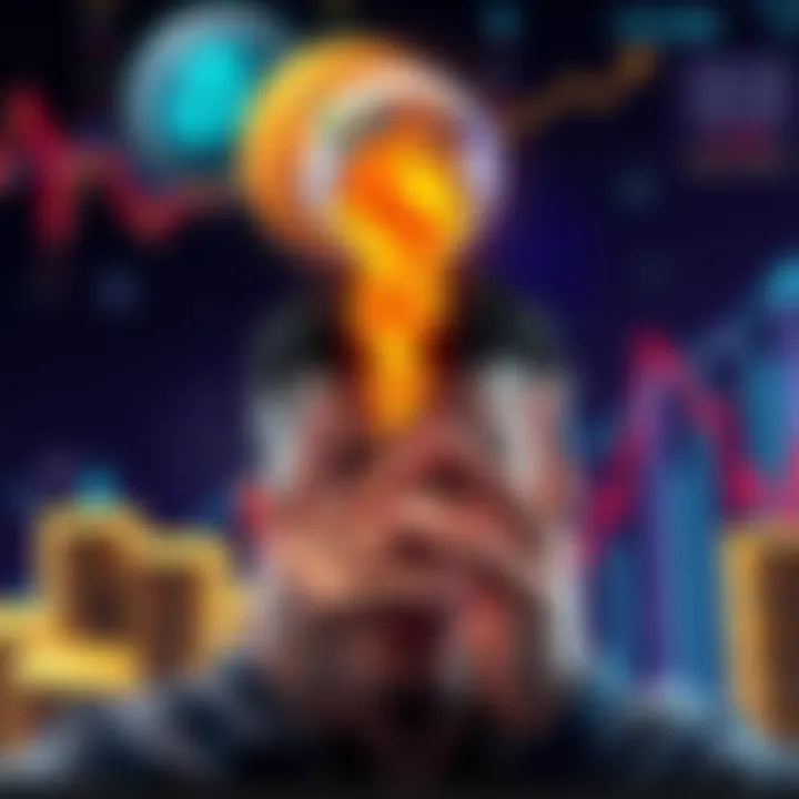 A person contemplating between keeping crypto investments or selling during a bear market, with graphics of coins and downward arrows in the background.