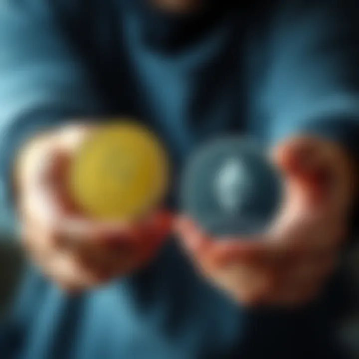 A person holds a Dogecoin and Ethereum coin in each hand, showcasing their swap decision.