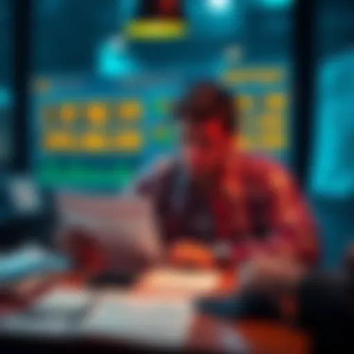 A person looking worried while reviewing a crypto tax bill with high numbers, sitting at a table filled with charts and calculator in California setting