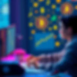 A person working on their computer with spreadsheets and tax tools for cryptocurrency, surrounded by crypto symbols