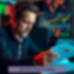A stressed trader looking at charts and tax documents related to cryptocurrency transactions.