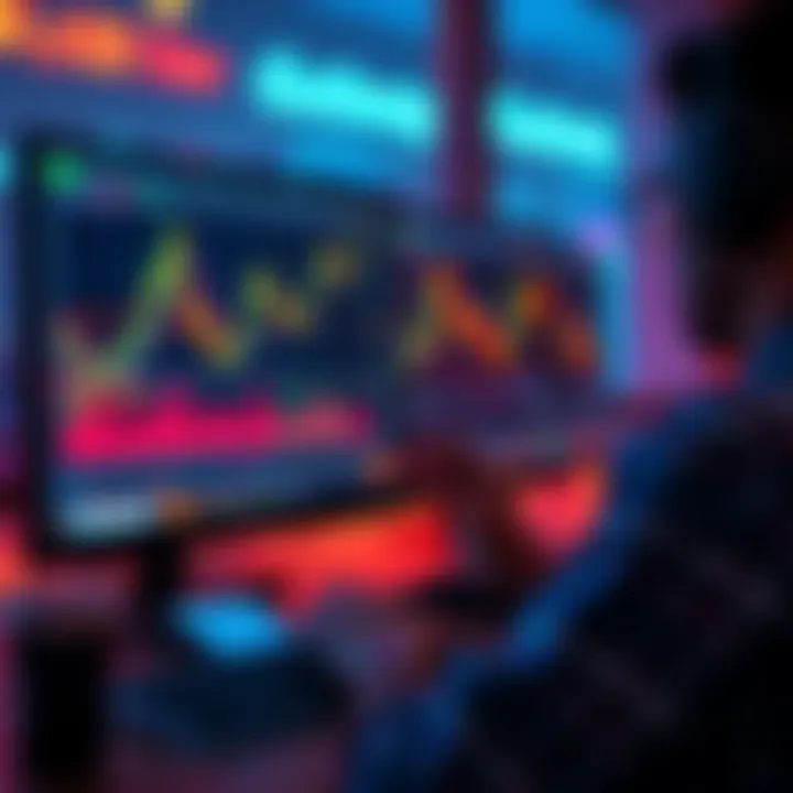 A trader analyzing cryptocurrency charts on a computer, with graphs and monthly trends visible on the screen.