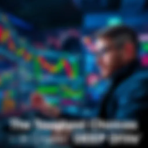 A crypto trader analyzing charts and data on multiple screens, contemplating decisions with a serious expression.