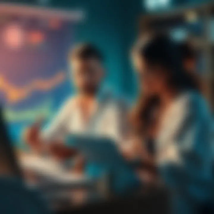A crypto trader looking stressed while sitting with his influencer girlfriend, surrounded by financial charts and a life insurance document.
