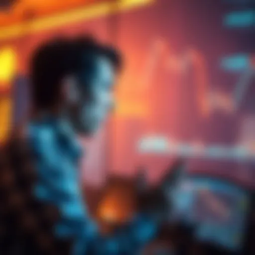 A worried trader looking at a computer screen displaying falling cryptocurrency prices