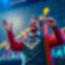 A happy crypto trader celebrating reaching $100K with a chart showing upward growth in the background