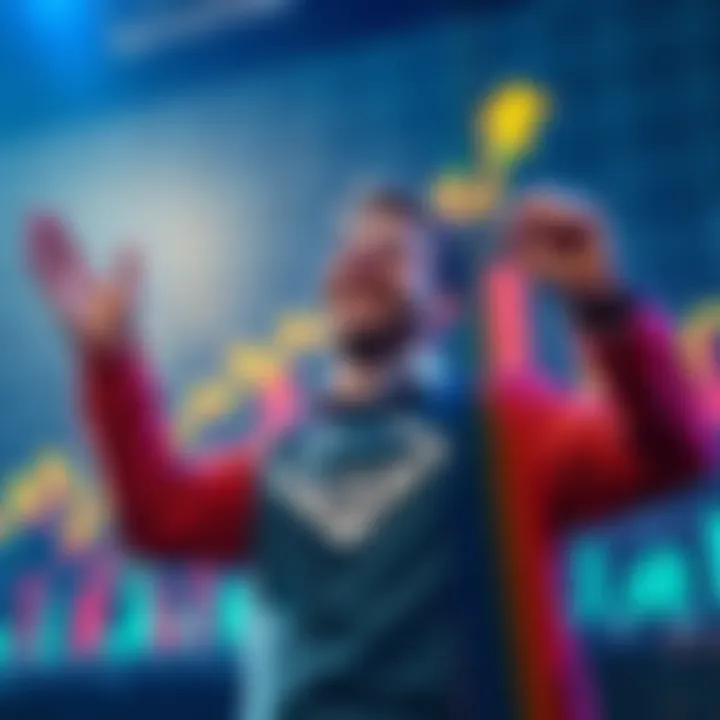 A happy crypto trader celebrating reaching $100K with a chart showing upward growth in the background