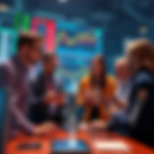 A group of people discussing cryptocurrency strategies with charts and digital devices in front of them