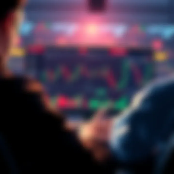 An illustration showing a person analyzing a crypto trading screen with charts and graphs, representing capital requirements for different trading strategies.