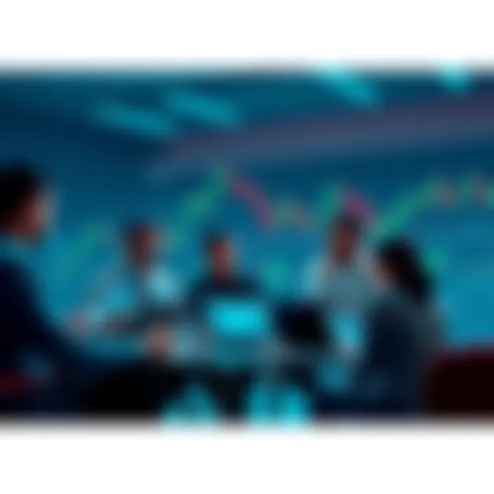 Group of people discussing cryptocurrency with charts and laptops