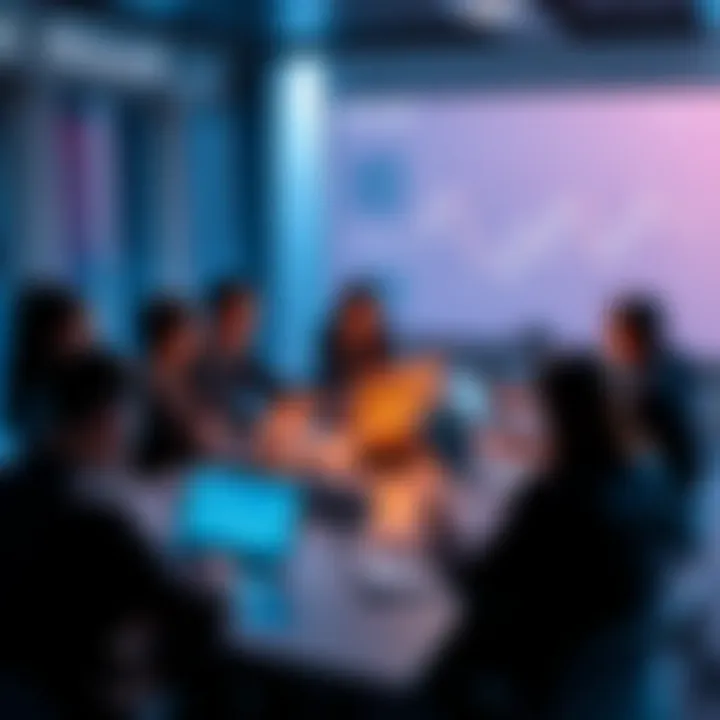 Group of people discussing cryptocurrency trading insights around a table with laptops and charts