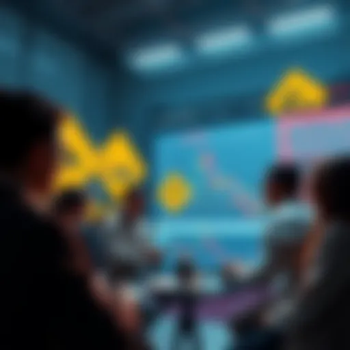 A group of people discussing cryptocurrency trading with caution signs in the background