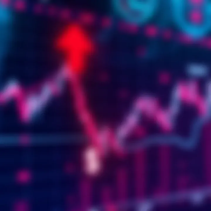 A chart showing cryptocurrency price movements with arrows indicating a dip and rebound, alongside dollar signs representing trading strategies.