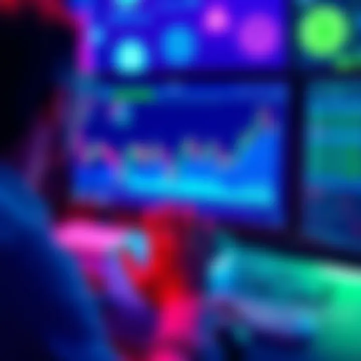A person analyzing cryptocurrency charts and graphs on a computer screen, with symbols of various cryptocurrencies in the background.