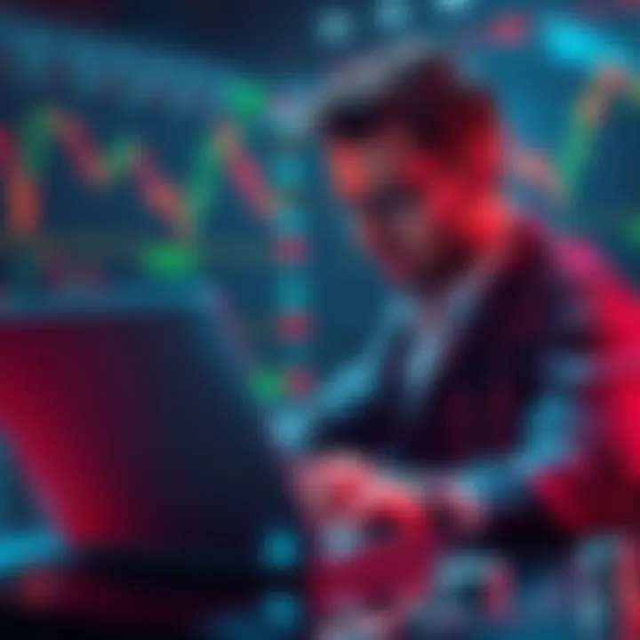 A trader looking stressed while checking cryptocurrency charts on a laptop, reflecting on losses from overtrading and greed.