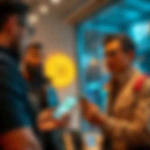 Two people meeting to trade cryptocurrency face-to-face using cash, with a smartphone displaying the PEERZ app.