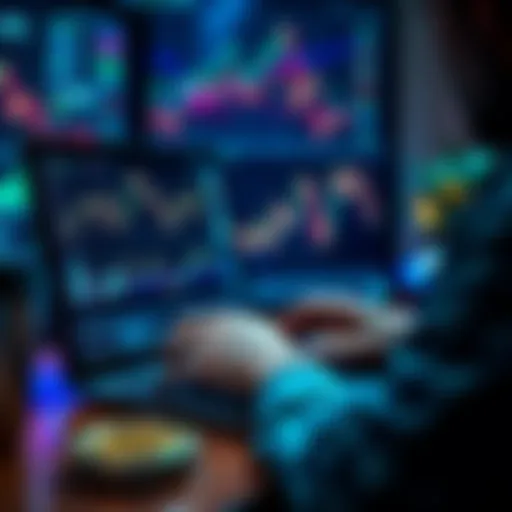 Person analyzing cryptocurrency profits on a laptop with charts and graphs displayed, considering reinvestment strategies during a bull market.
