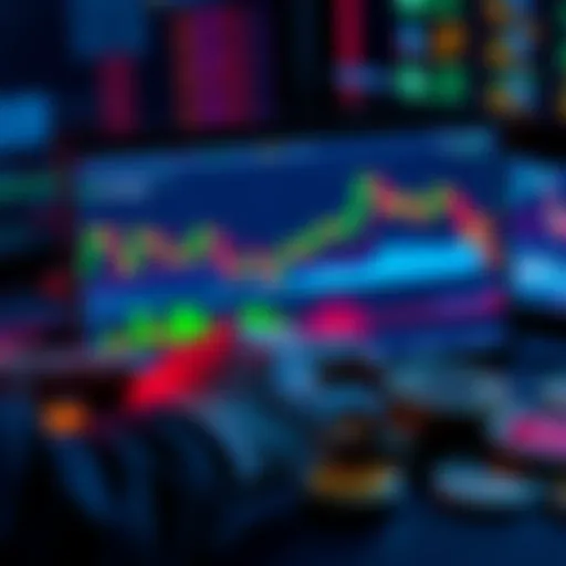 A trader analyzing charts with Bollinger Bands, RSI, and MACD indicators on a laptop screen, surrounded by crypto coins.