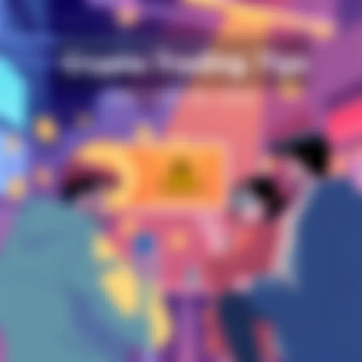An illustration showing people discussing cryptocurrency with caution signs and tips for safe trading