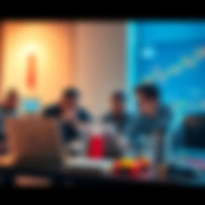 A group of friends discussing crypto trading tools with laptops and charts in front of them