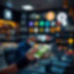 A person using a smartphone to make a cryptocurrency payment at a shop, with various crypto logos displayed in the background.