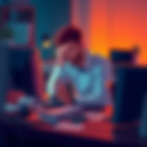 A frustrated crypto user sitting at a computer, worried about $550K stuck in transaction. Papers and a phone are scattered on the desk, indicating a struggle for support.