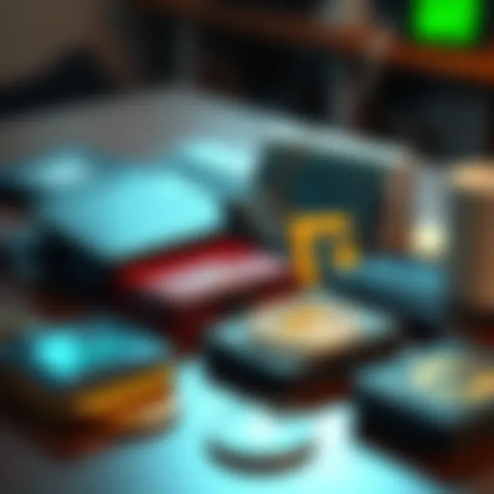 Crypto Wallets A collection of popular cold and hot crypto wallets including Ledger and Trezor, arranged on a table