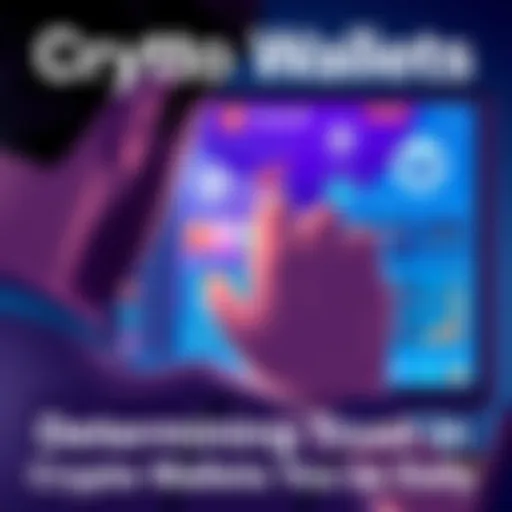 Illustration showing a person examining different crypto wallets on a screen, focusing on design and performance aspects.