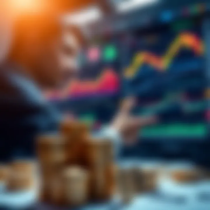 A person looking at cryptocurrency charts and planning investments, with stacks of coins in the foreground.