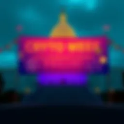 A colorful banner announcing Crypto Week with symbols of cryptocurrency and blockchain technology, set against a backdrop of the US Capitol building.