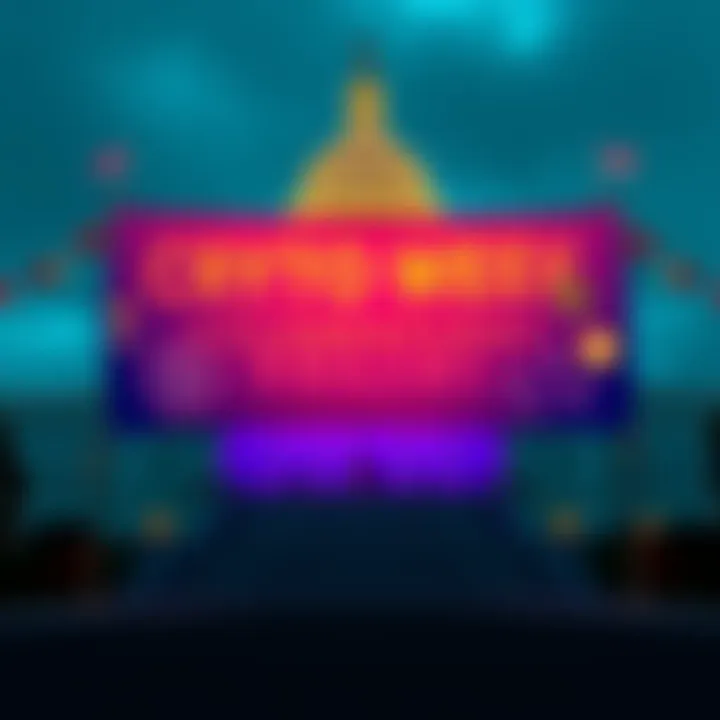 A colorful banner announcing Crypto Week with symbols of cryptocurrency and blockchain technology, set against a backdrop of the US Capitol building.
