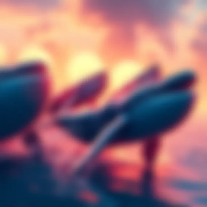 Crypto Whales Buying Assets Group of crypto whales purchasing digital assets during a market dip, symbolizing confidence in future prices.