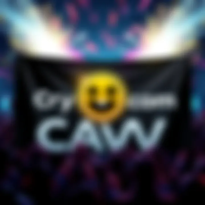 Crypto.com logo with promotion banner for the meme coin CAW, featuring bright colors and excitement in the background