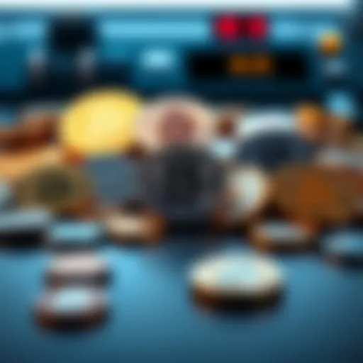 A collection of various cryptocurrency coins placed on a table, showcasing popular options for new investors.