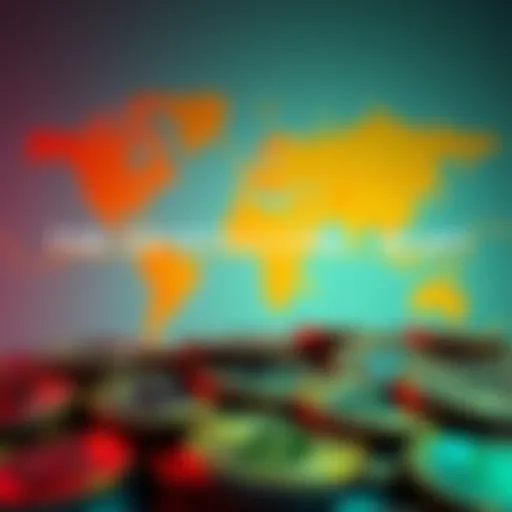 A collection of cryptocurrency coins in front of a world map, symbolizing their global reach and potential impact during crises like World War 3.