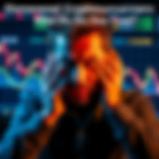 A worried cryptocurrency influencer looking at a declining market graph on a screen, symbolizing lost trust and promises unkept.