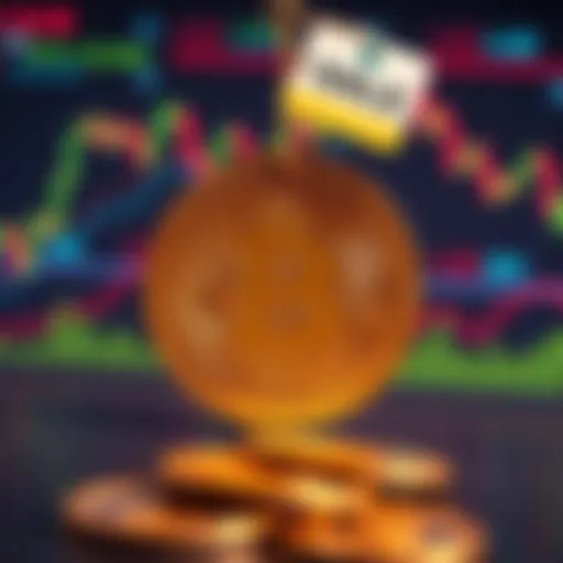 A graphic showing a Bitcoin symbol with a price tag, indicating discounted rates. The background features cryptocurrency charts going up and down, showcasing market fluctuations.