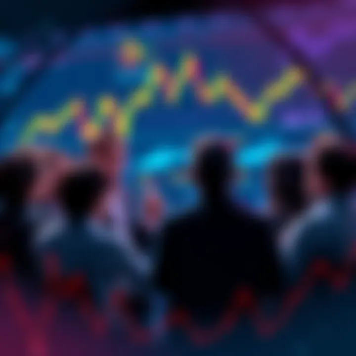 Group of investors discussing cryptocurrency portfolios and strategies with graphs and charts in the background.
