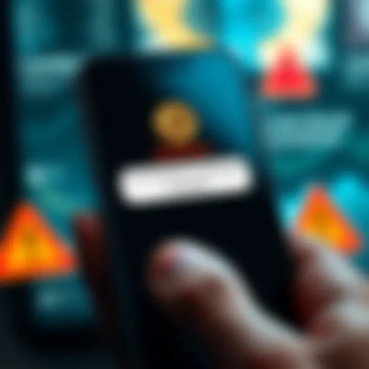 A smartphone displaying a suspicious text message about a Coinbase withdrawal, with warning signs around it.