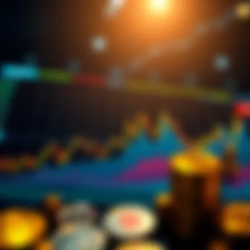 A graphic showing rising cryptocurrency prices alongside charts of transaction volumes, highlighting market trends.