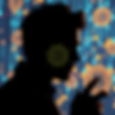 A silhouette of a cryptographer with Bitcoin symbols in the background, highlighting the search for Satoshi's identity.
