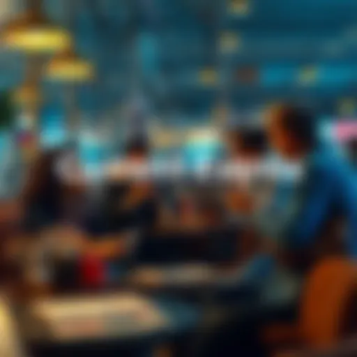 People engaging in discussion about recent news stories in a café setting, with newspapers and mobile devices on the table.