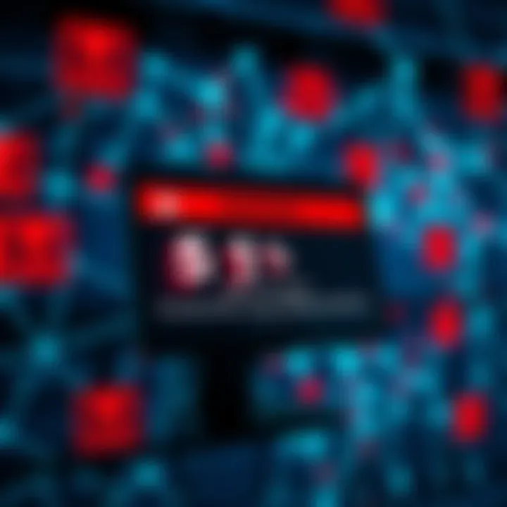 A digital screen displaying a warning about a 51% attack on a cryptocurrency. The background shows a network of blockchain connections with red alerts.