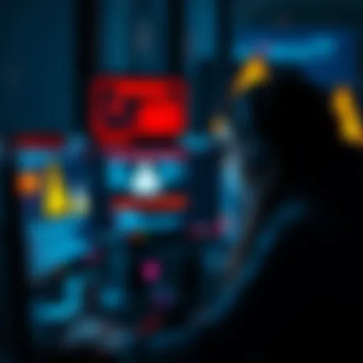 A person looking at a computer screen with warning signs about hacking and cybersecurity threats.