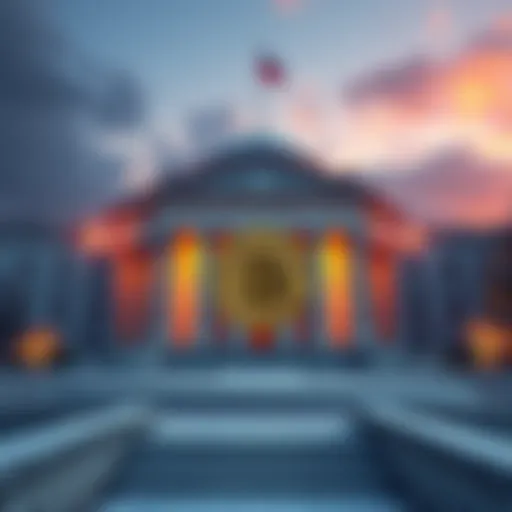 Czech National Bank building with Bitcoin symbol, representing its historic purchase of digital currency.