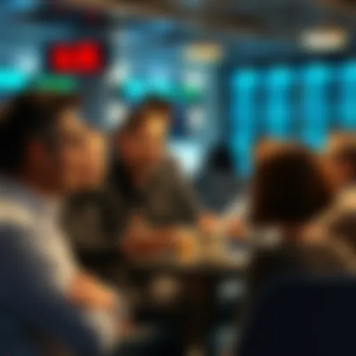 People engaging in a lively conversation about trading events and strategies in a community forum setting