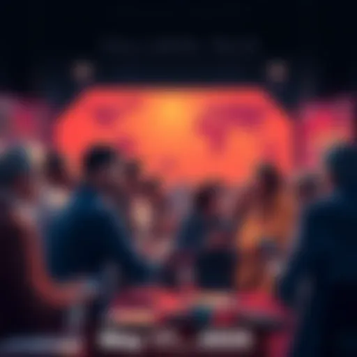 A group of diverse people engaged in a lively discussion about Ethereum, with charts and news articles on display