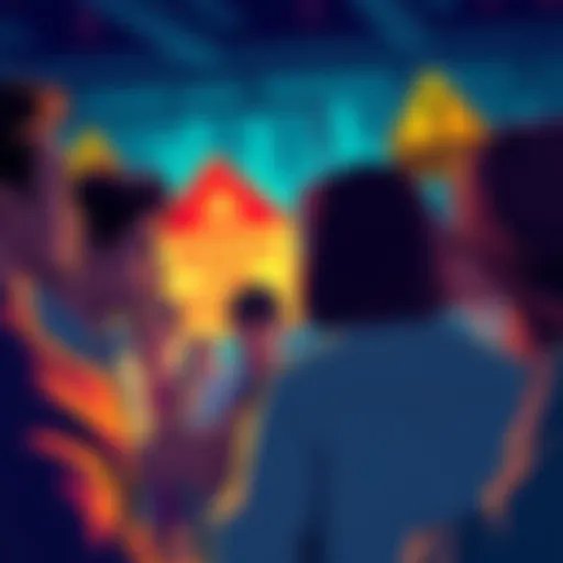 A group of people sharing ideas about cryptocurrency, with warning signs for scams in the background.