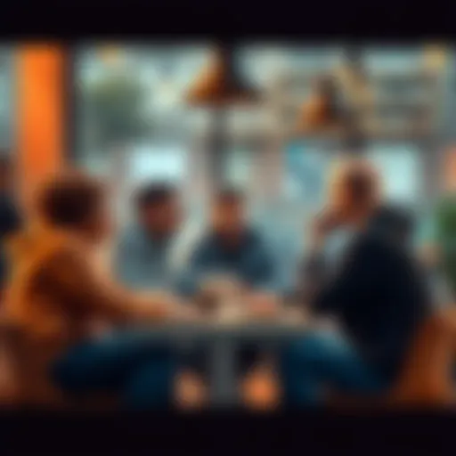 A group of people chatting about donuts at a table with coffee, sharing ideas in a relaxed environment.